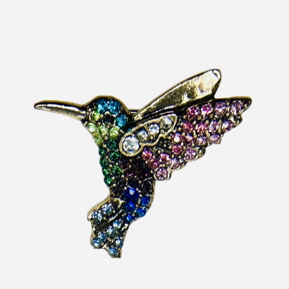 Hummingbird brooch gold-tone w/multicolored rhinestones Women's costume jewelry